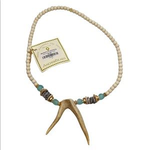 Anchor Beads Cream Blue Gold Wood Beads Antler Points Necklace New with Tags